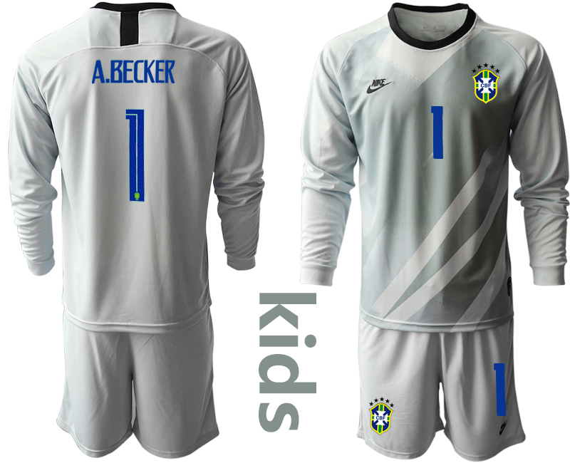 Youth 2020-2021 Season National team Brazil goalkeeper Long sleeve grey #1 Soccer Jersey